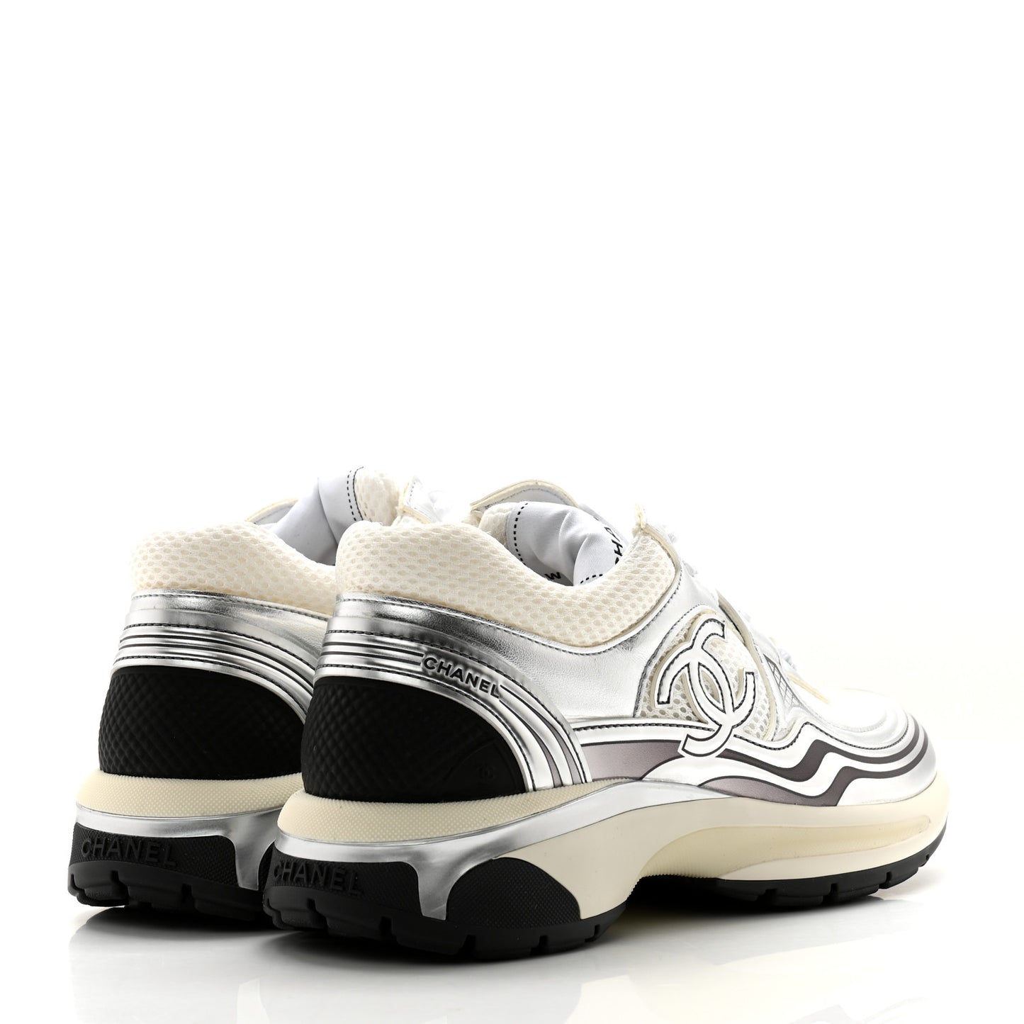 Fabric Laminated Calfskin Stretch CC Sneakers 36.5 White Silver