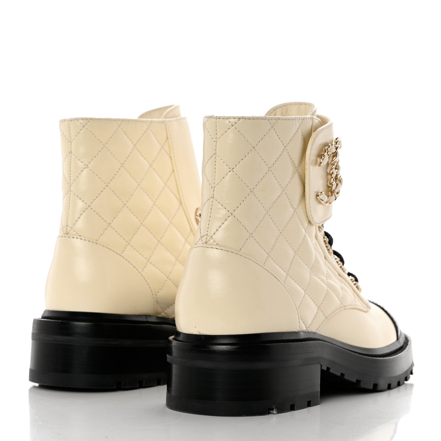 Shiny Lambskin Quilted Lace Up Combat Boots 35 Ivory Black