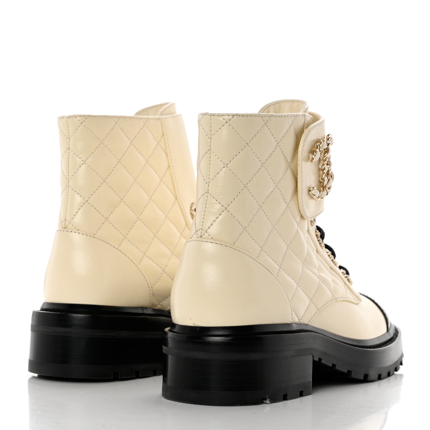 Chanel Shiny Lambskin Quilted Lace Up Combat Boots 35 Ivory Black 4 of 9