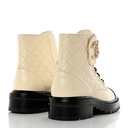 Chanel Shiny Lambskin Quilted Lace Up Combat Boots 35 Ivory Black 4 of 9