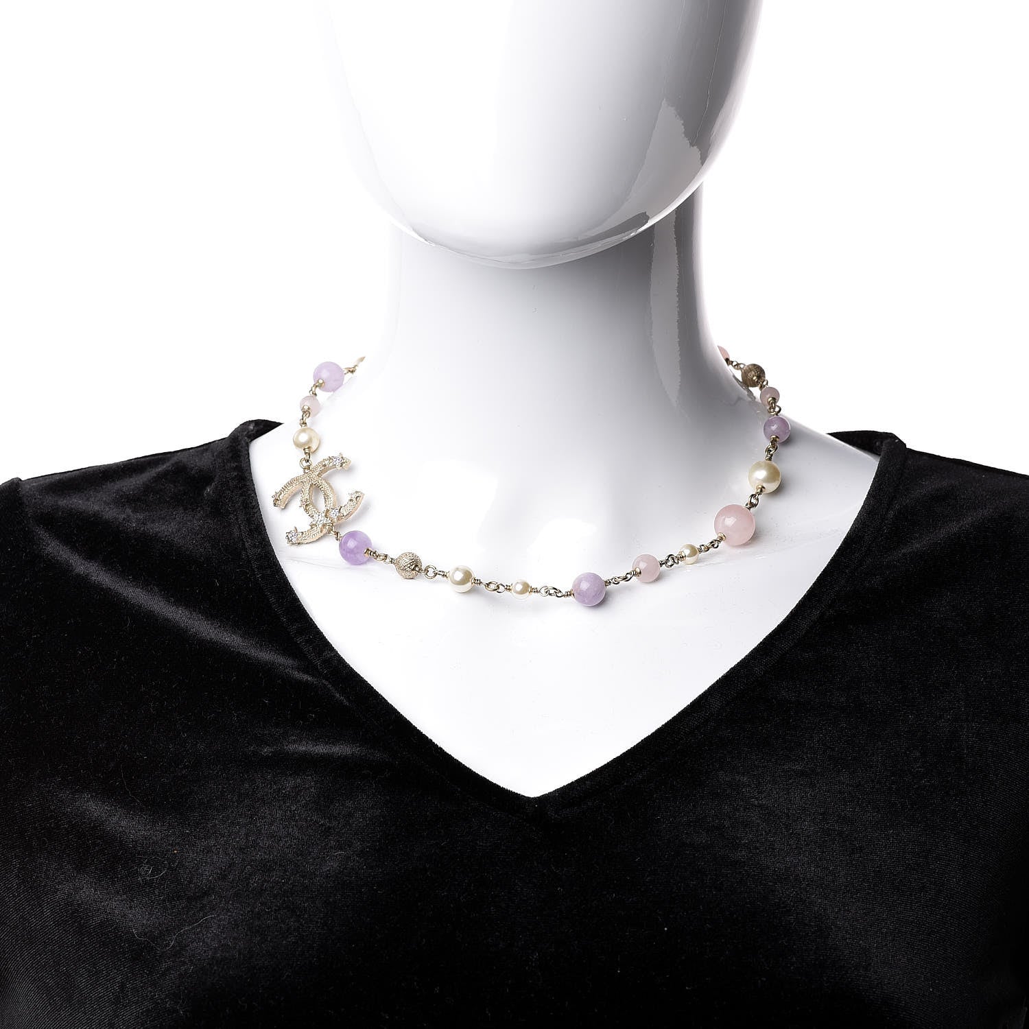 Chanel Crystal Pearl Beaded Star CC Short Necklace Silver Purple 2 of 6