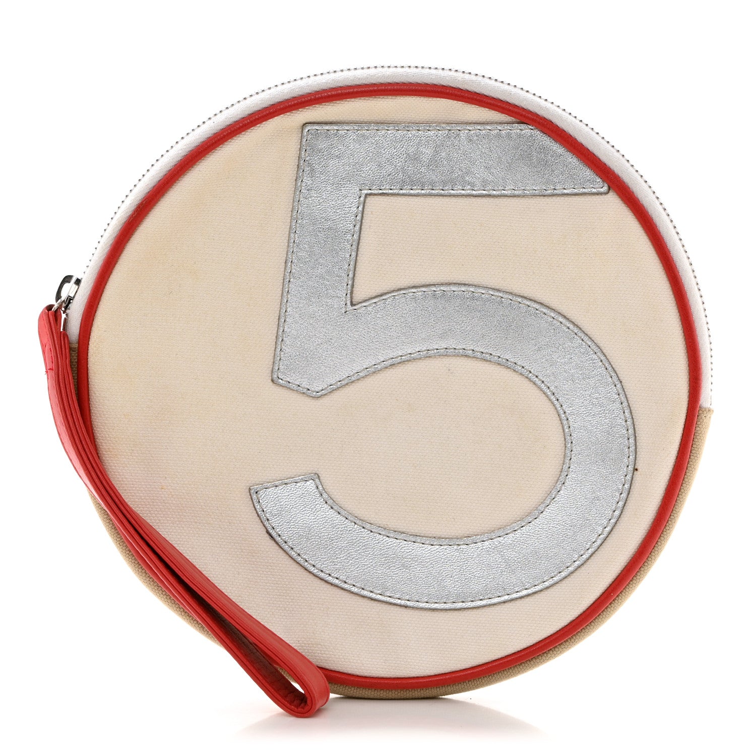 Chanel Canvas Metallic Calfskin N°5 Round Wristlet Clutch Beige Red Blue 1 of 10