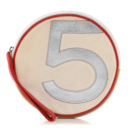 Chanel Canvas Metallic Calfskin N°5 Round Wristlet Clutch Beige Red Blue 1 of 10