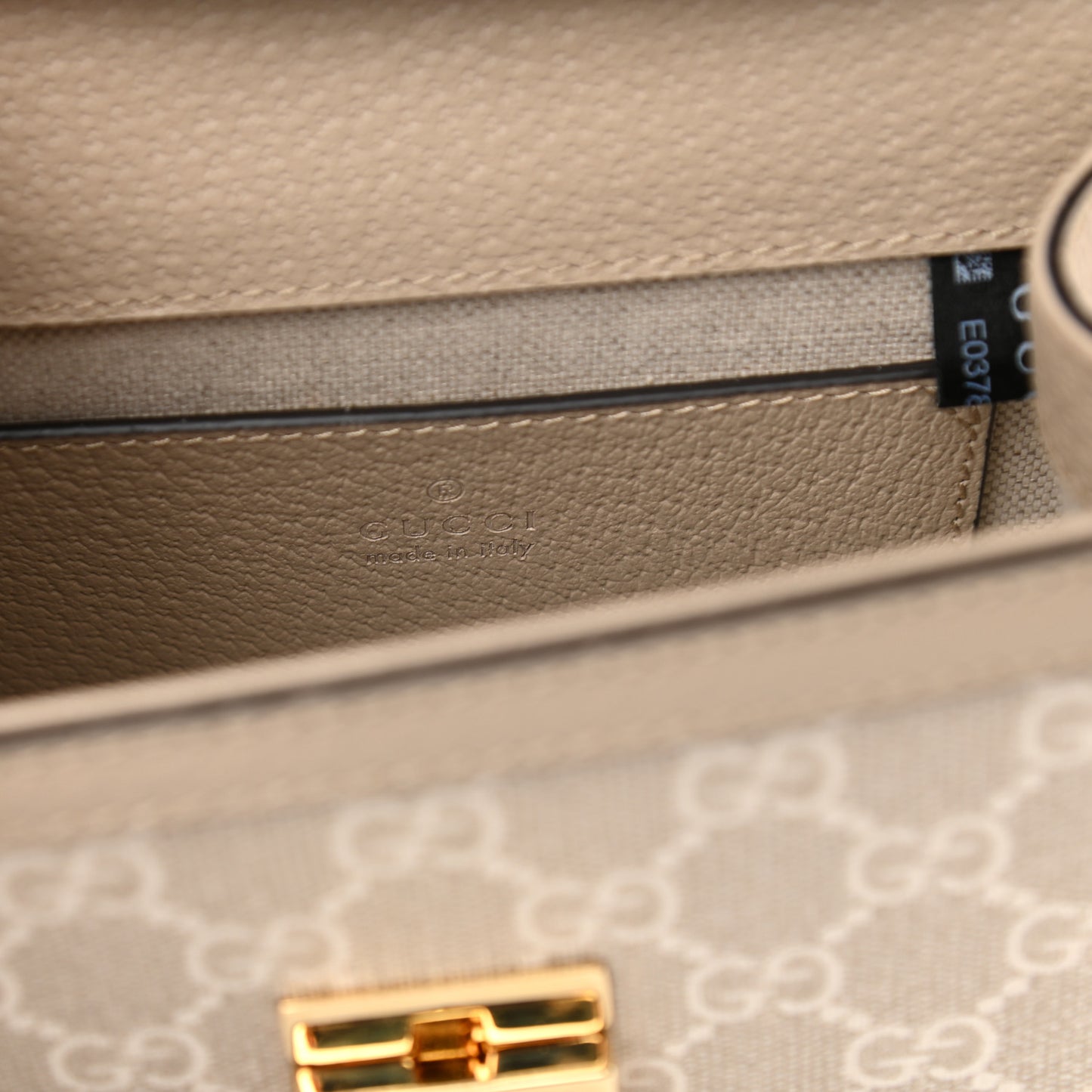 GG Supreme Monogram Textured Dollar Calfskin Web Mini Ophidia Padlock Top Handle Chain Shoulder Bag Beige Mystic White Oatmeal