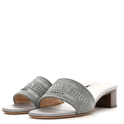 Christian Dior Canvas Lame Embroidered Dway 50mm Slide Sandals 37.5 Metal Grey 3 of 8