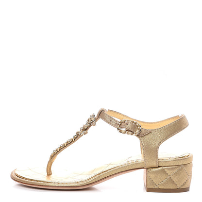Chanel Metallic Lambskin Chain CC Logo Thong Sandals 37.5 Gold 1 of 9