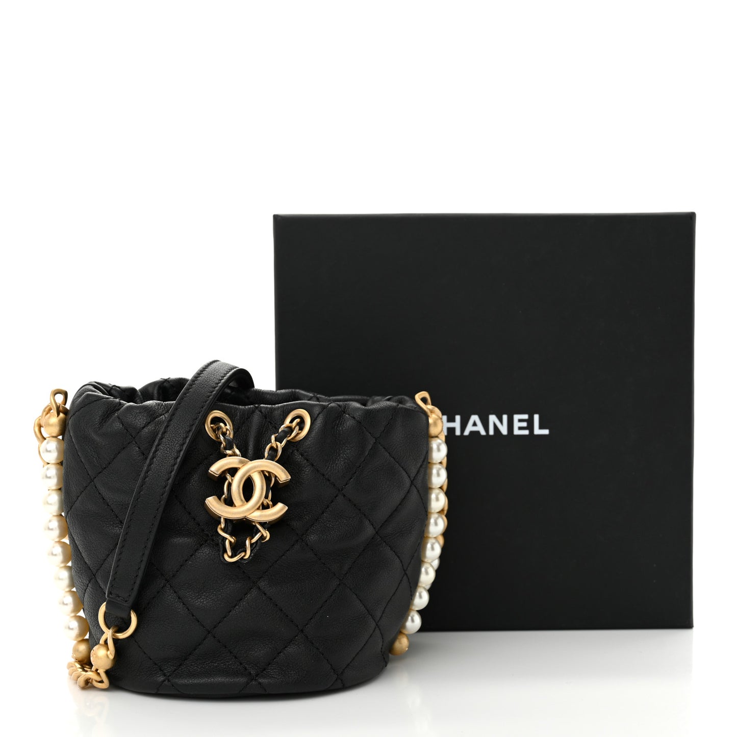 Calfskin Quilted Pearl Mini About Pearls Drawstring Bucket Bag Black