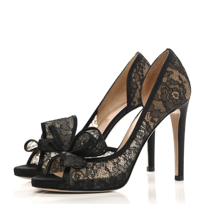 Valentino Garavani Satin Lace Couture Bow Peep Toe High Heel Pumps 38 Black 3 of 7