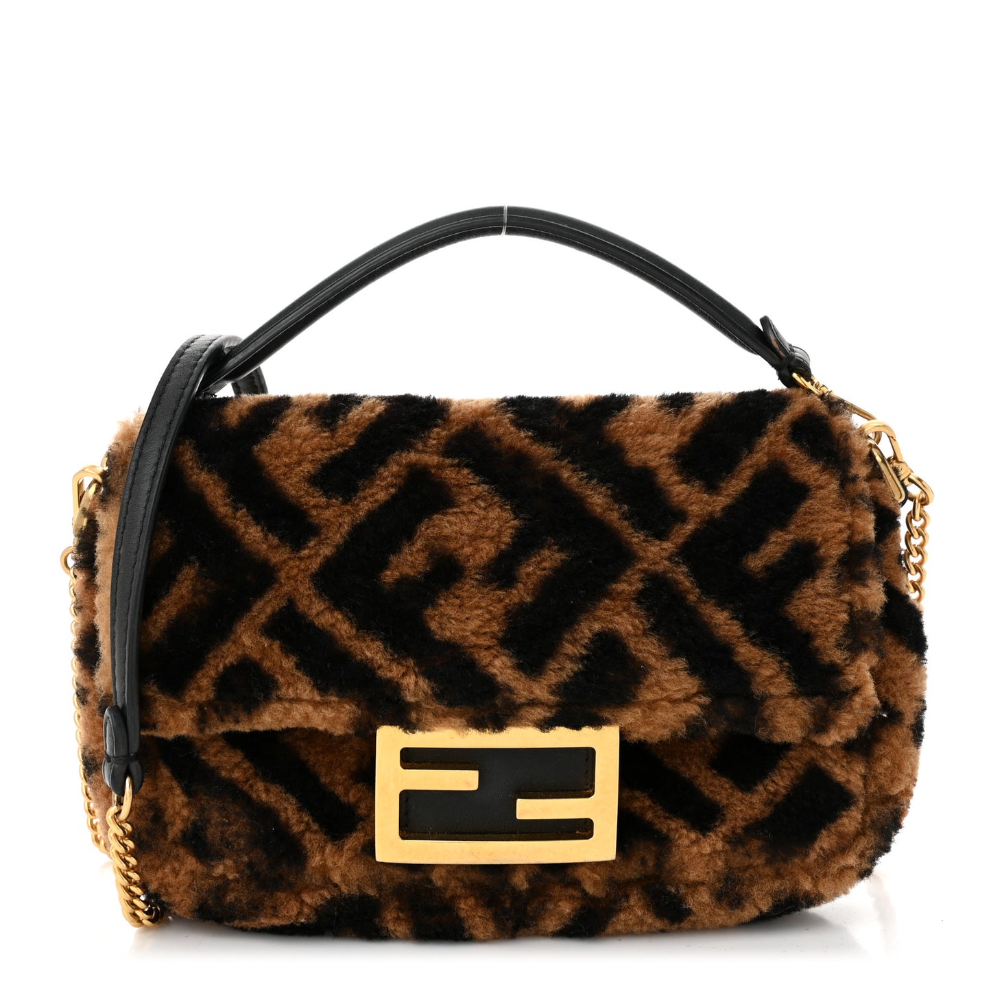 Shearling Vitello Dolce Macro FF 1974 Mini Baguette Tobacco Black