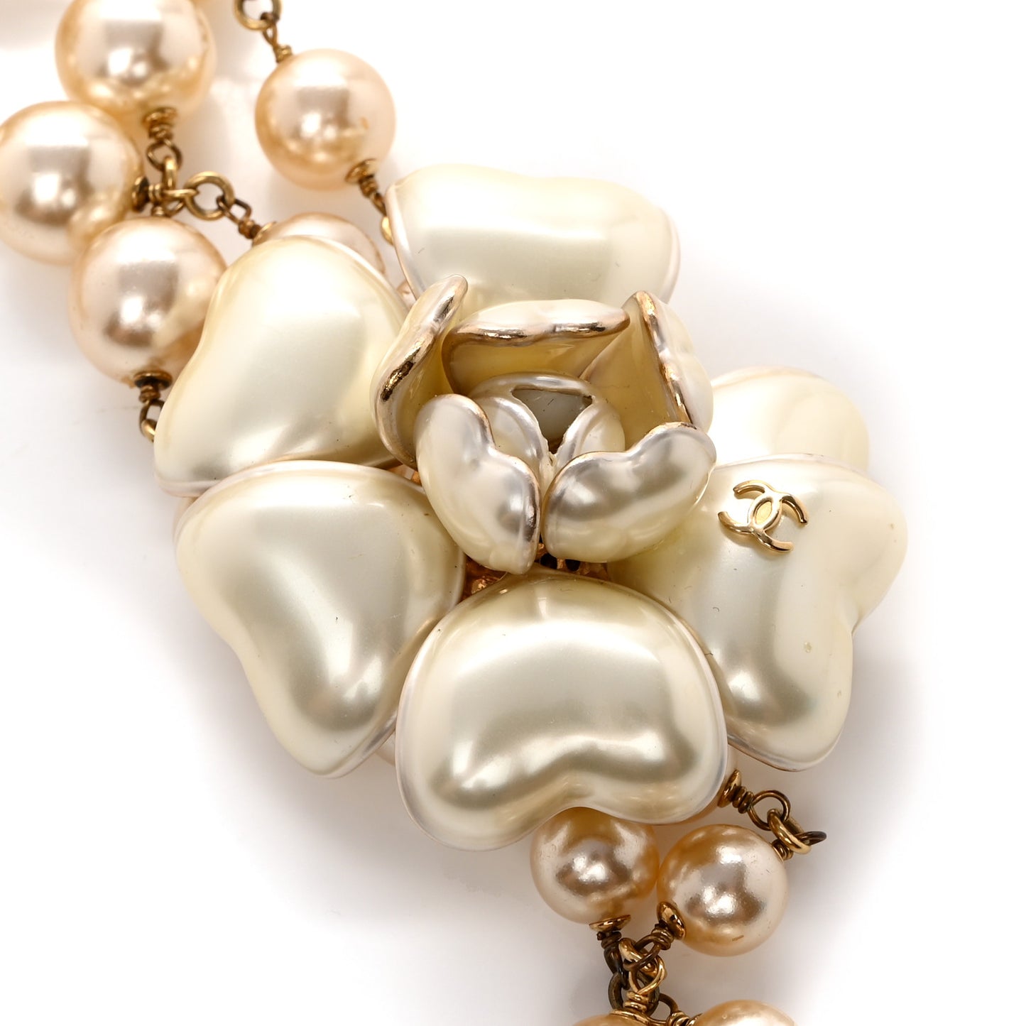 Pearl Beaded Camellia Chain Belt Gold White
