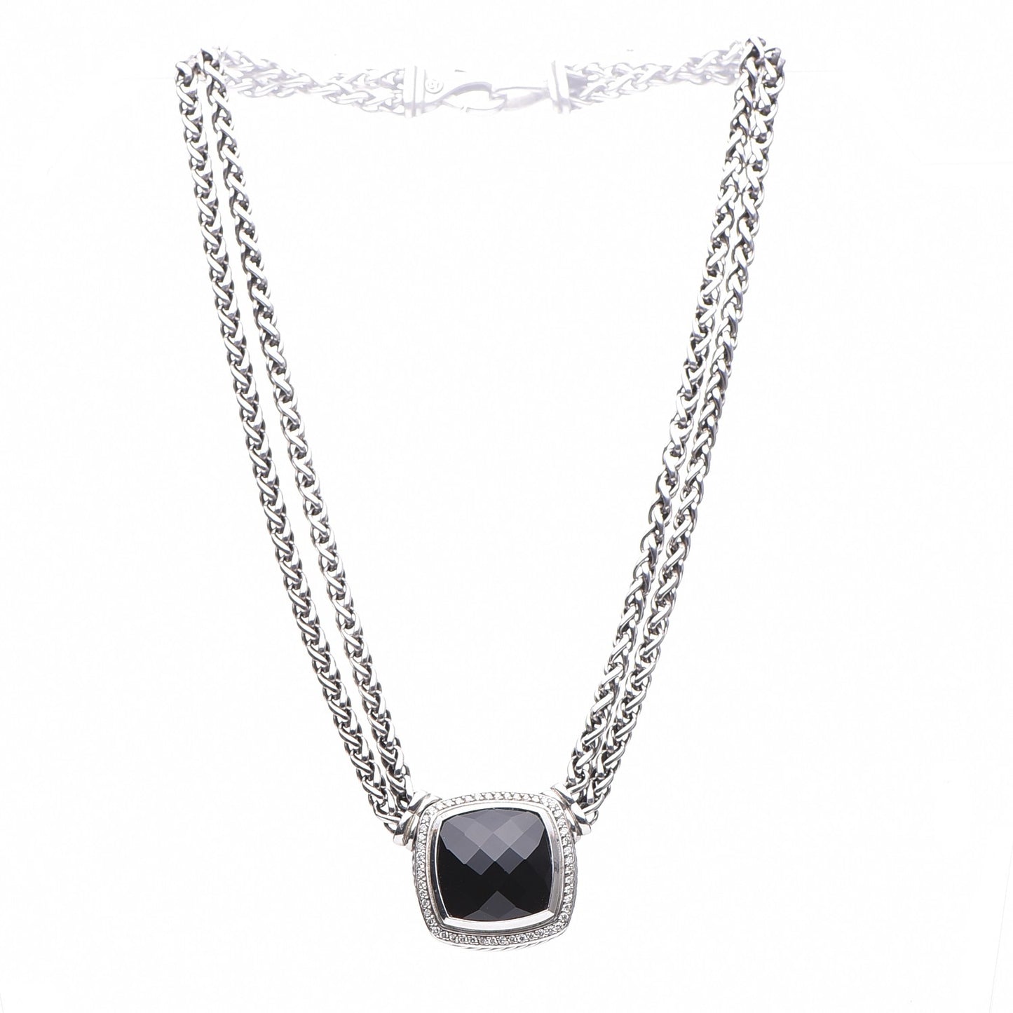 Sterling Silver Diamond Black Onyx 19mm Albion Double Wheat Chain Necklace