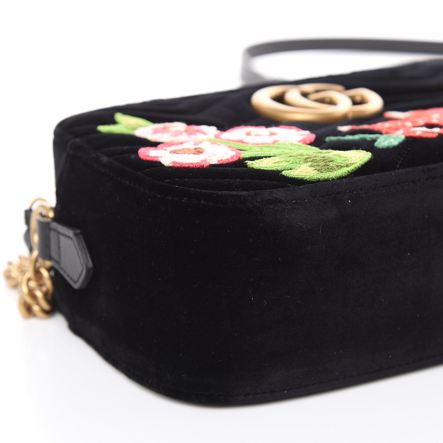 Velvet Matelasse Deer Embroidered Small GG Marmont Chain Shoulder Bag Black