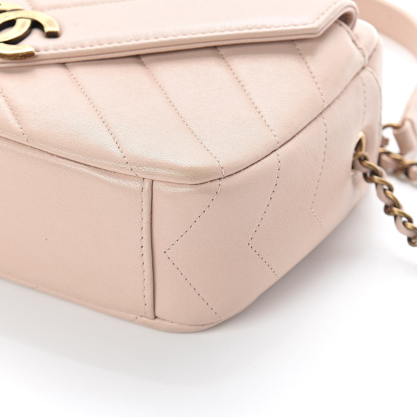 Shiny Lambskin Chevron Stitched Small Coco Camera Case Beige