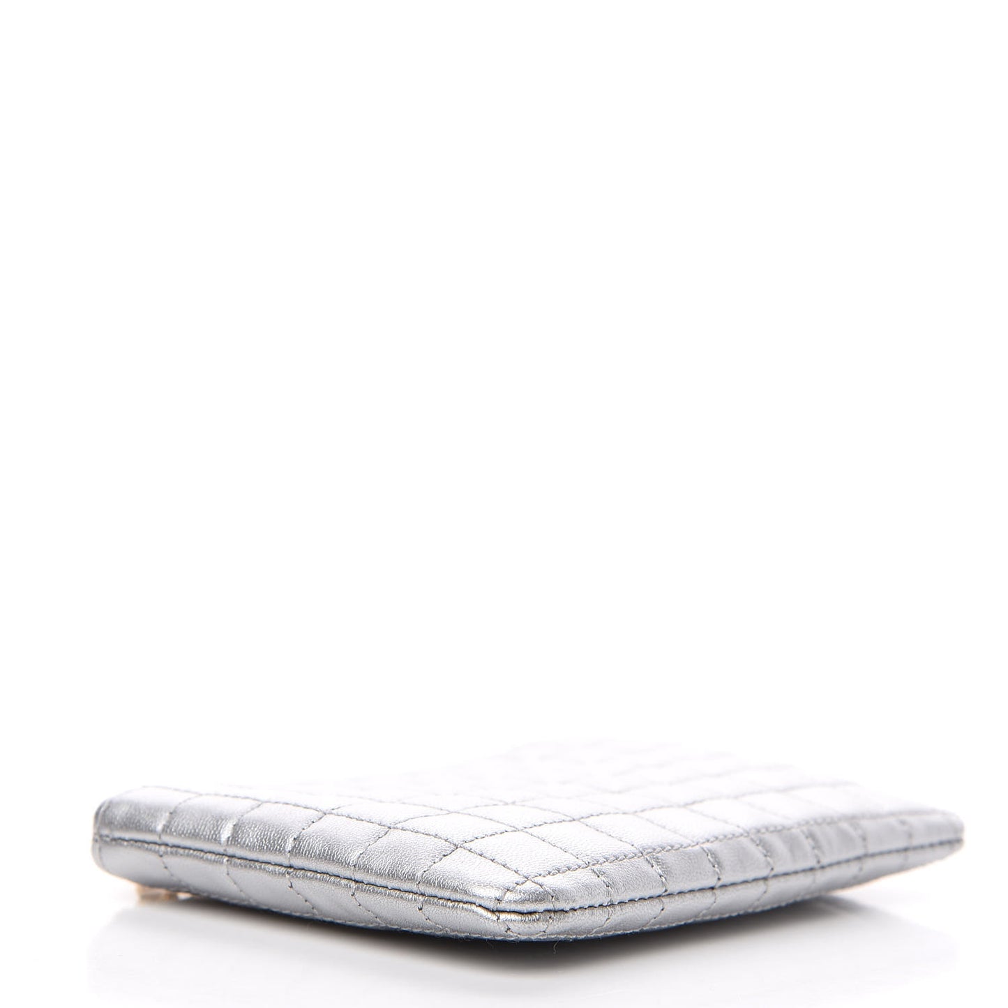 Laminated Calfskin Quilted C Charm Coin Card Pouch Silver