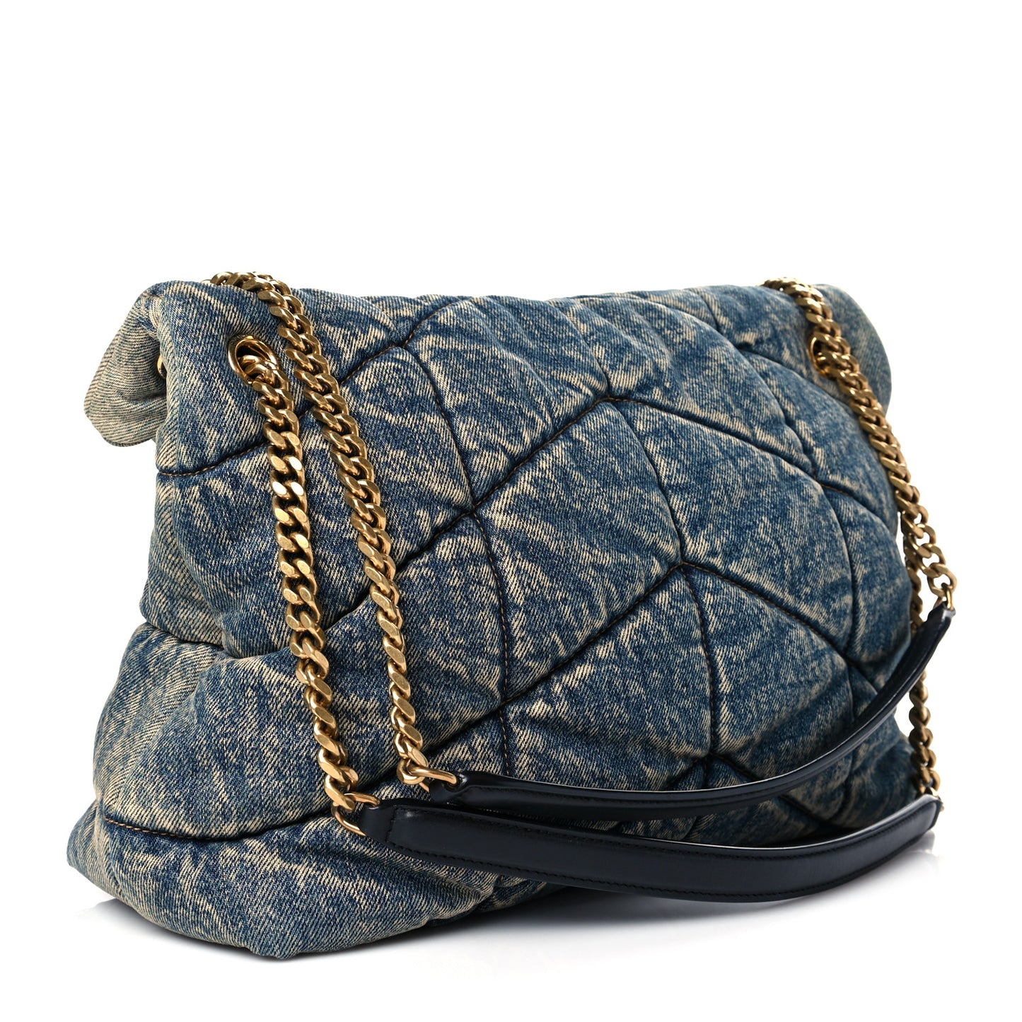 Denim Quilted Medium Loulou Puffer Monogram Chain Satchel Blue Black