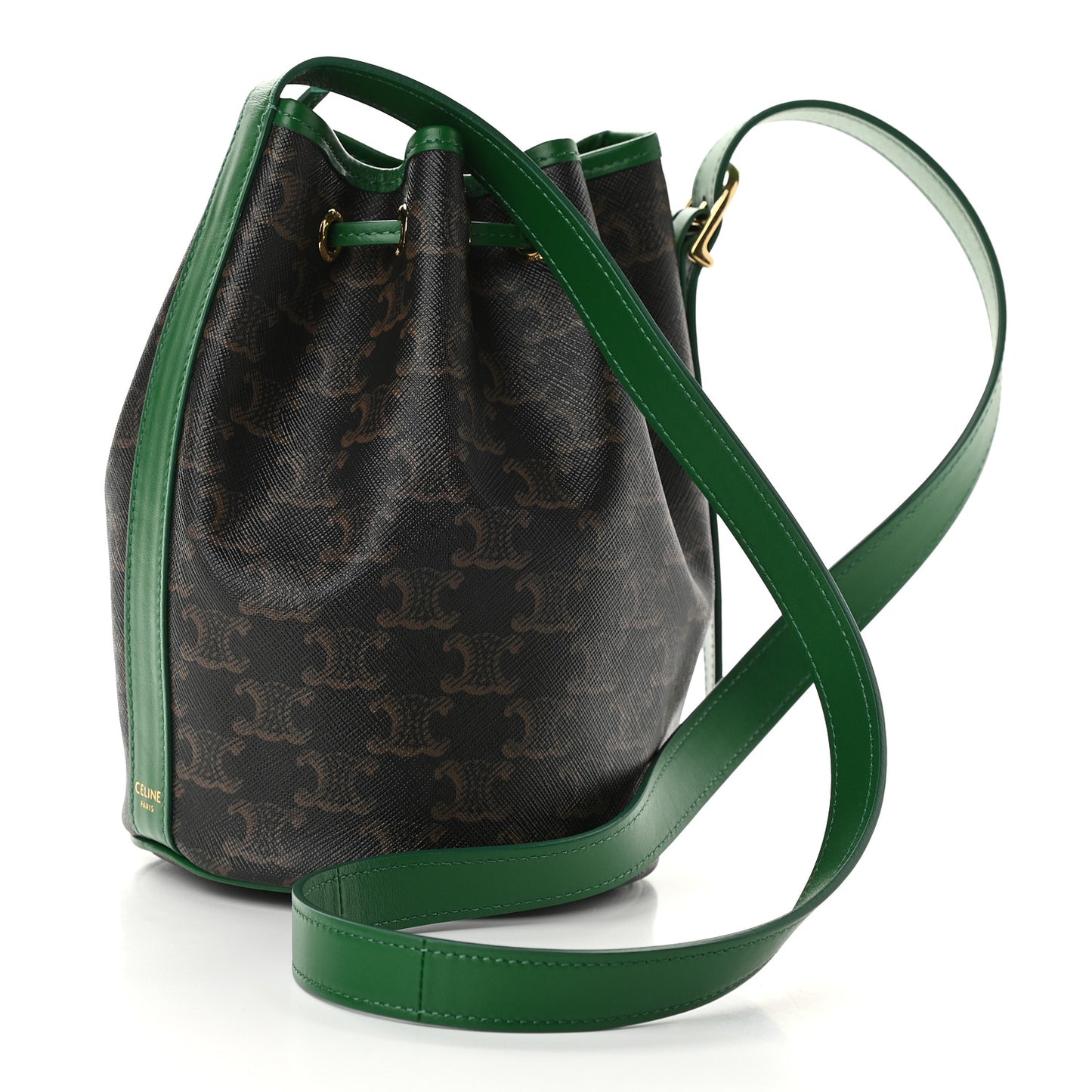 Triomphe Canvas Calfskin Small Drawstring Bucket Bag Emerald