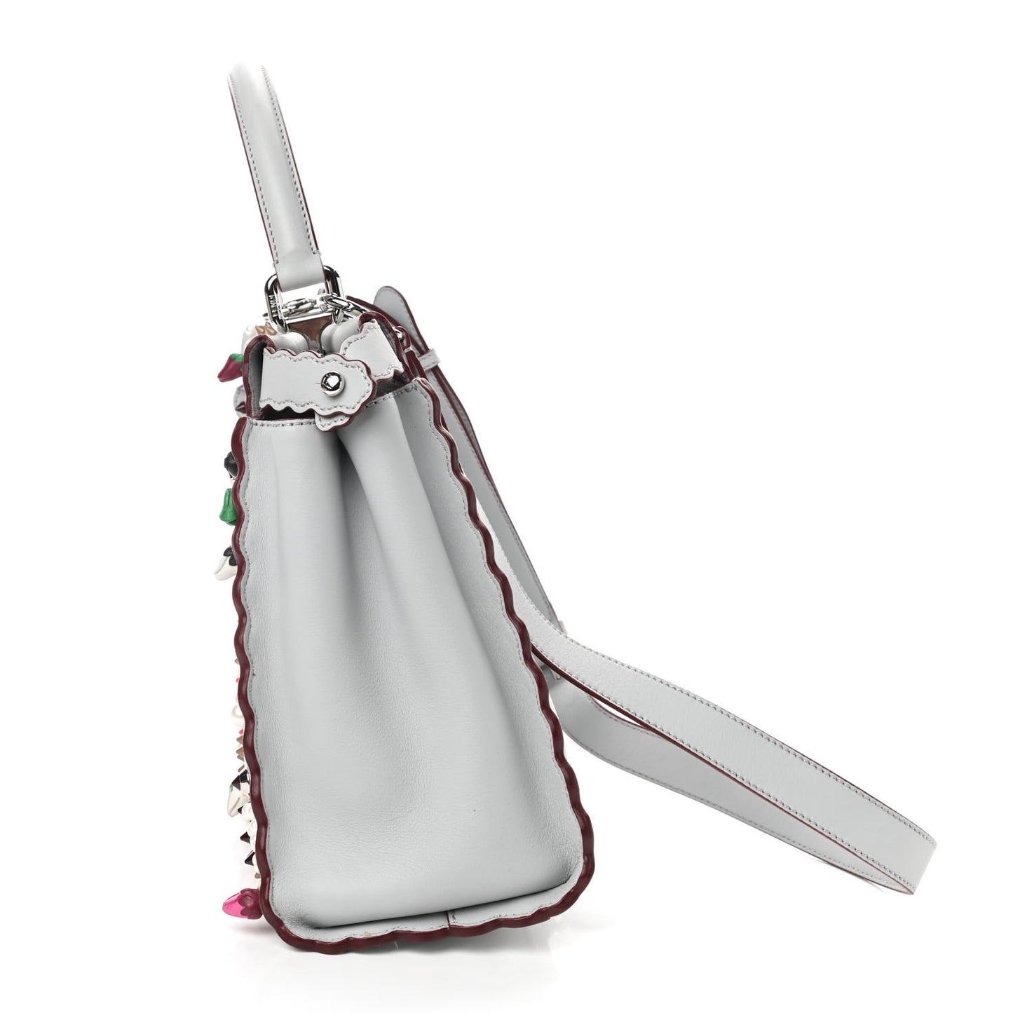 Vitello Seta Shiny Nappa Pearl Scalloped Studded Floral Embroidered Medium Peekaboo Iconic Satchel Grigio Perla Multicolor