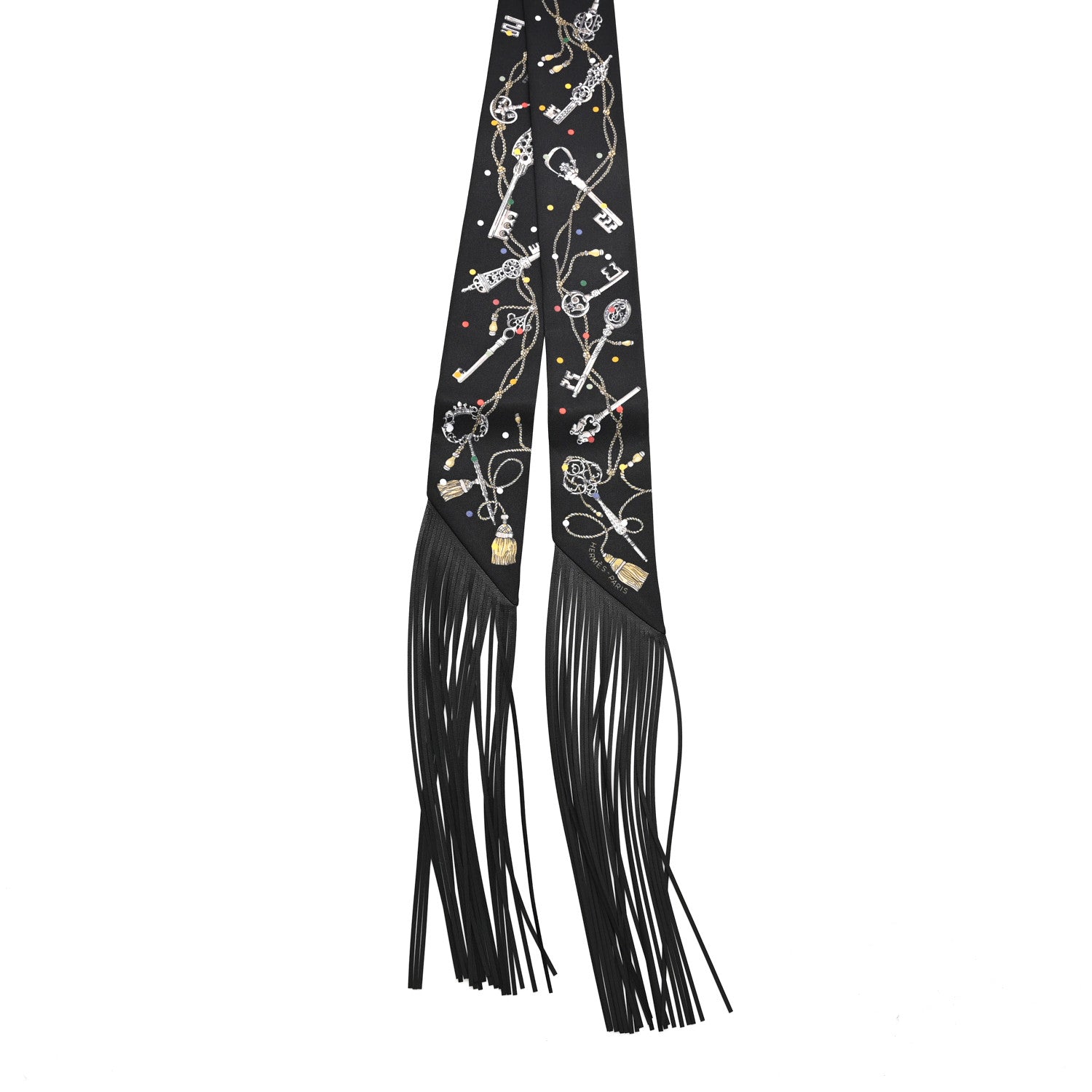 Hermes Silk Calfskin Les Cles A Pois Fringed Twilly Black Mordoré White 2 of 4