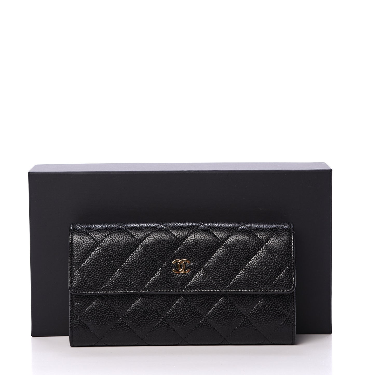 Caviar Quilted Large Gusset Flap Wallet Black
