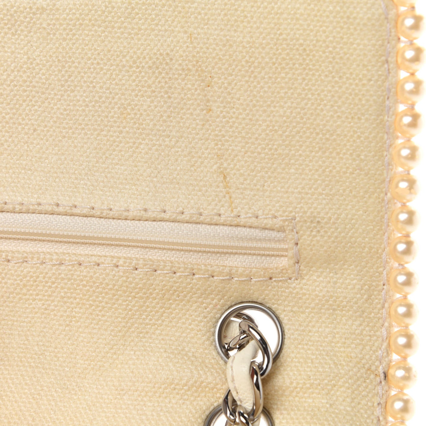 Canvas Quilted Pearl Trim Medium Flap Beige