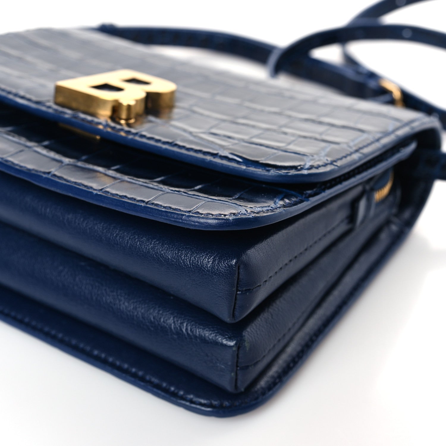 Balenciaga Shiny Calfskin Crocodile Embossed Small B Crossbody Bag Navy 8 of 9