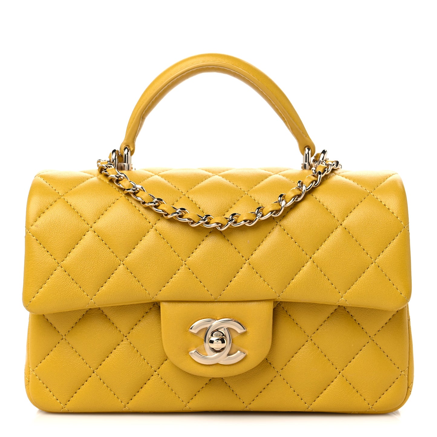 Lambskin Quilted Mini Top Handle Rectangular Flap Yellow