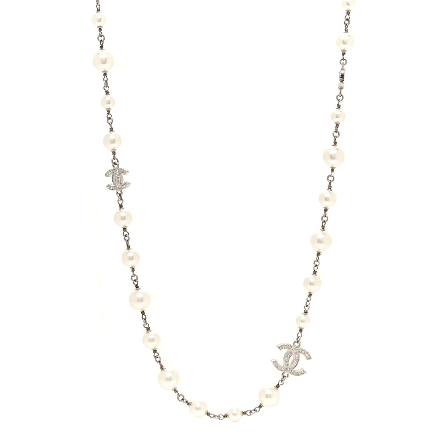 Crystal Pearl CC Long Necklace Silver
