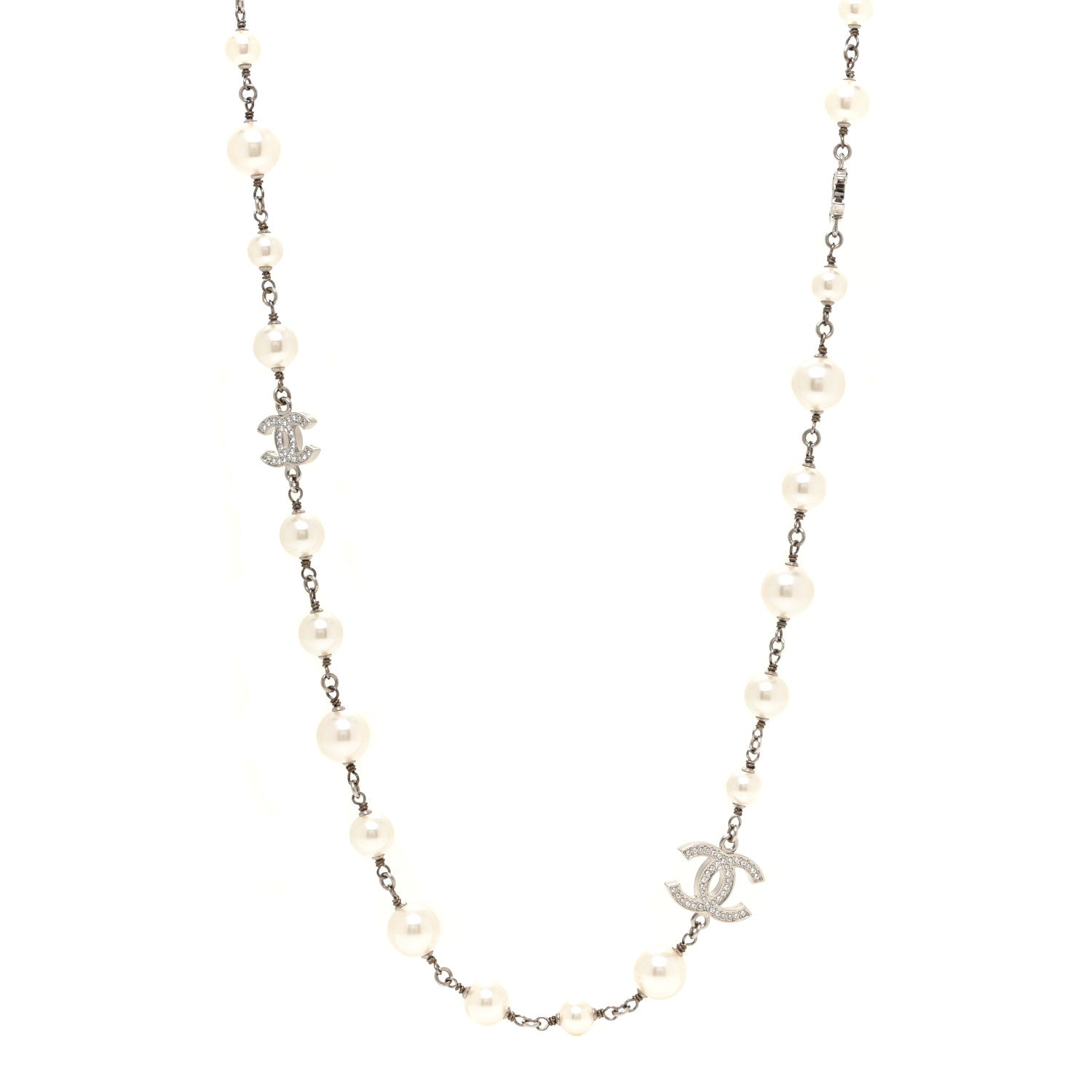 Chanel Crystal Pearl CC Long Necklace Silver 1 of 4