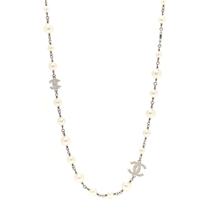 Chanel Crystal Pearl CC Long Necklace Silver 1 of 4