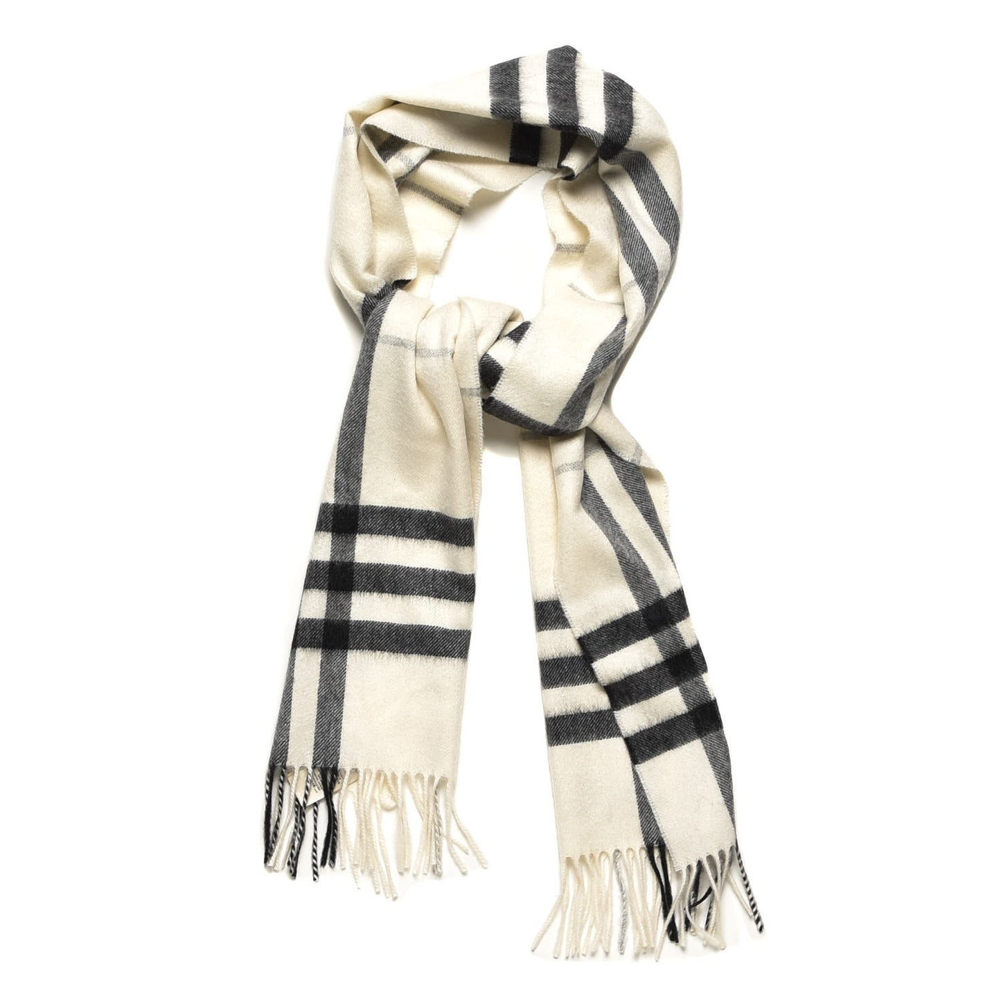 Cashmere Giant Check Fringe Scarf Natural White