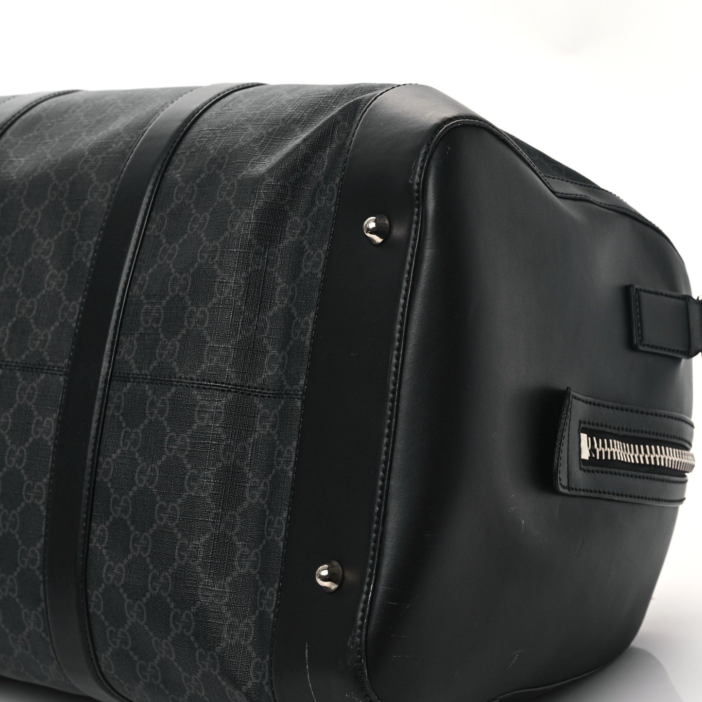 Soft GG Supreme Monogram Appia Calfskin Web Large Carry On Duffle Bag Black Grey