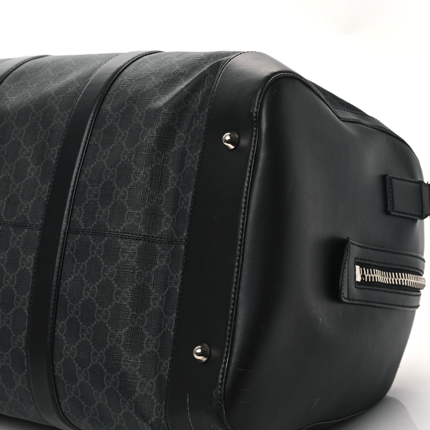 Gucci Soft GG Supreme Monogram Appia Calfskin Web Large Carry On Duffle Bag Black Grey 8 of 11