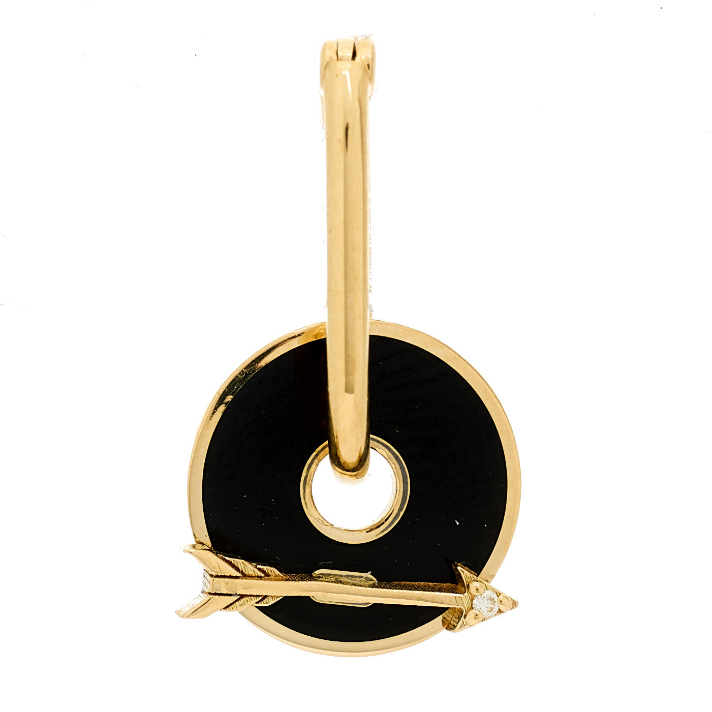 18K Yellow Gold Diamond Champleve Enamel Arrow Dream Champleve Symbol Disk Petite Fob Link Single Earring Black