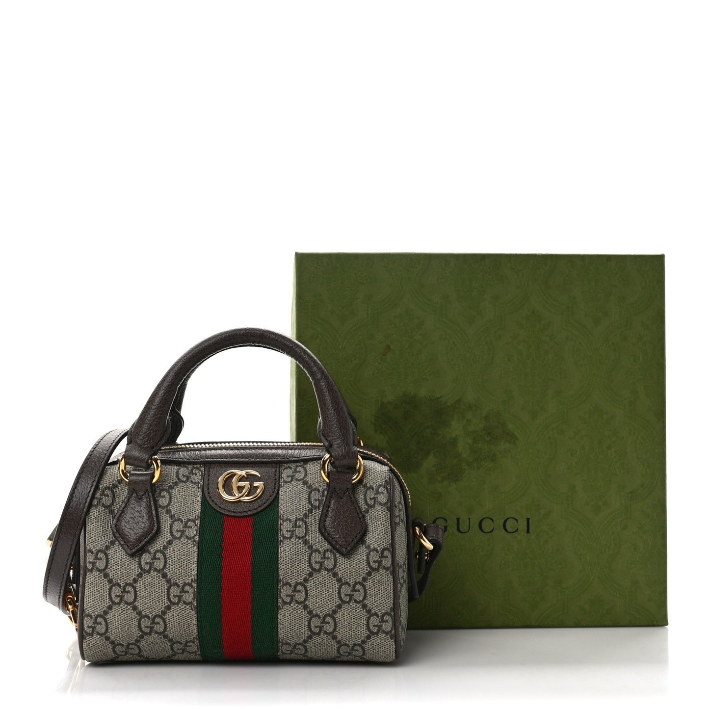 GG Supreme Monogram Textured Dollar Calfskin Web Super Mini Ophidia Top Handle Bowler Bag Beige Ebony New Acero