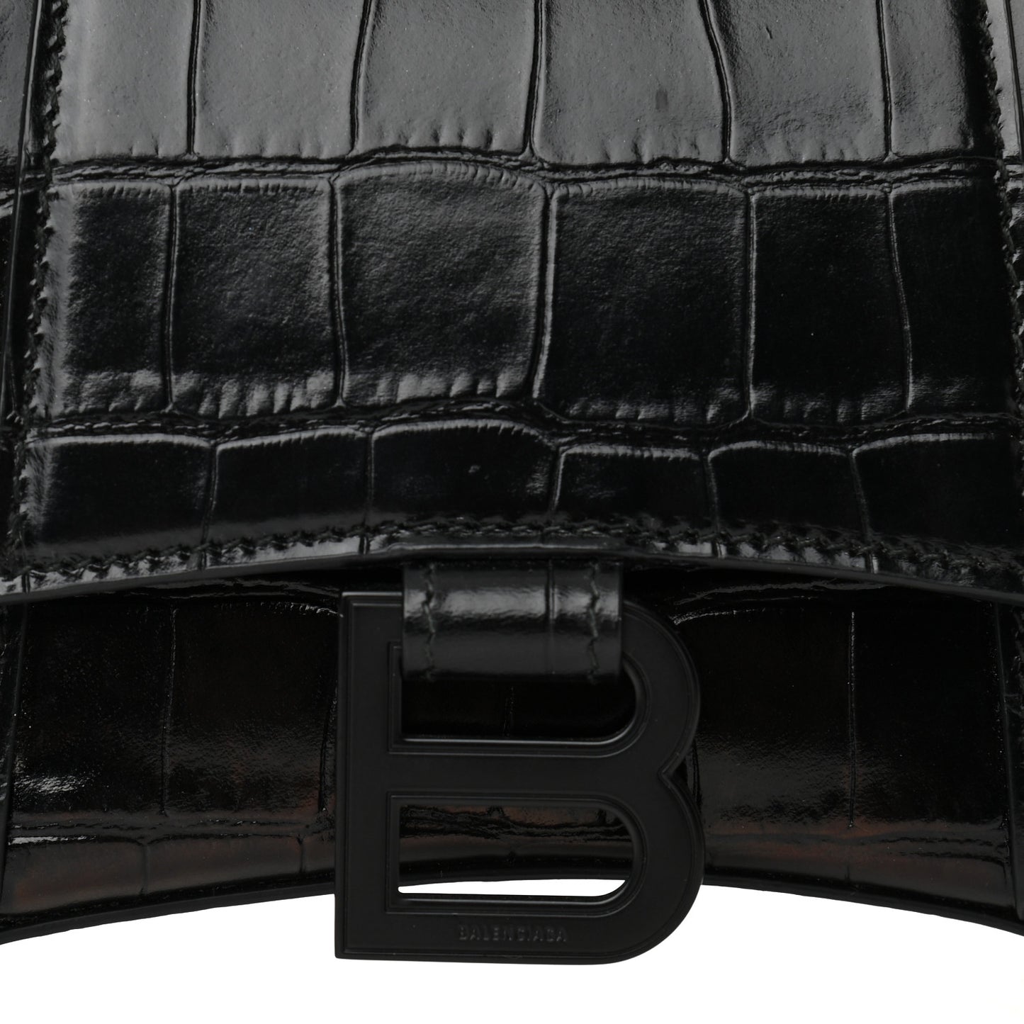 Shiny Calfskin Monochrome Crocodile Embossed Hourglass Top Handle Bag XS Black