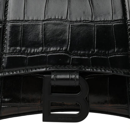 Balenciaga Shiny Calfskin Monochrome Crocodile Embossed Hourglass Top Handle Bag XS Black 7 of 9