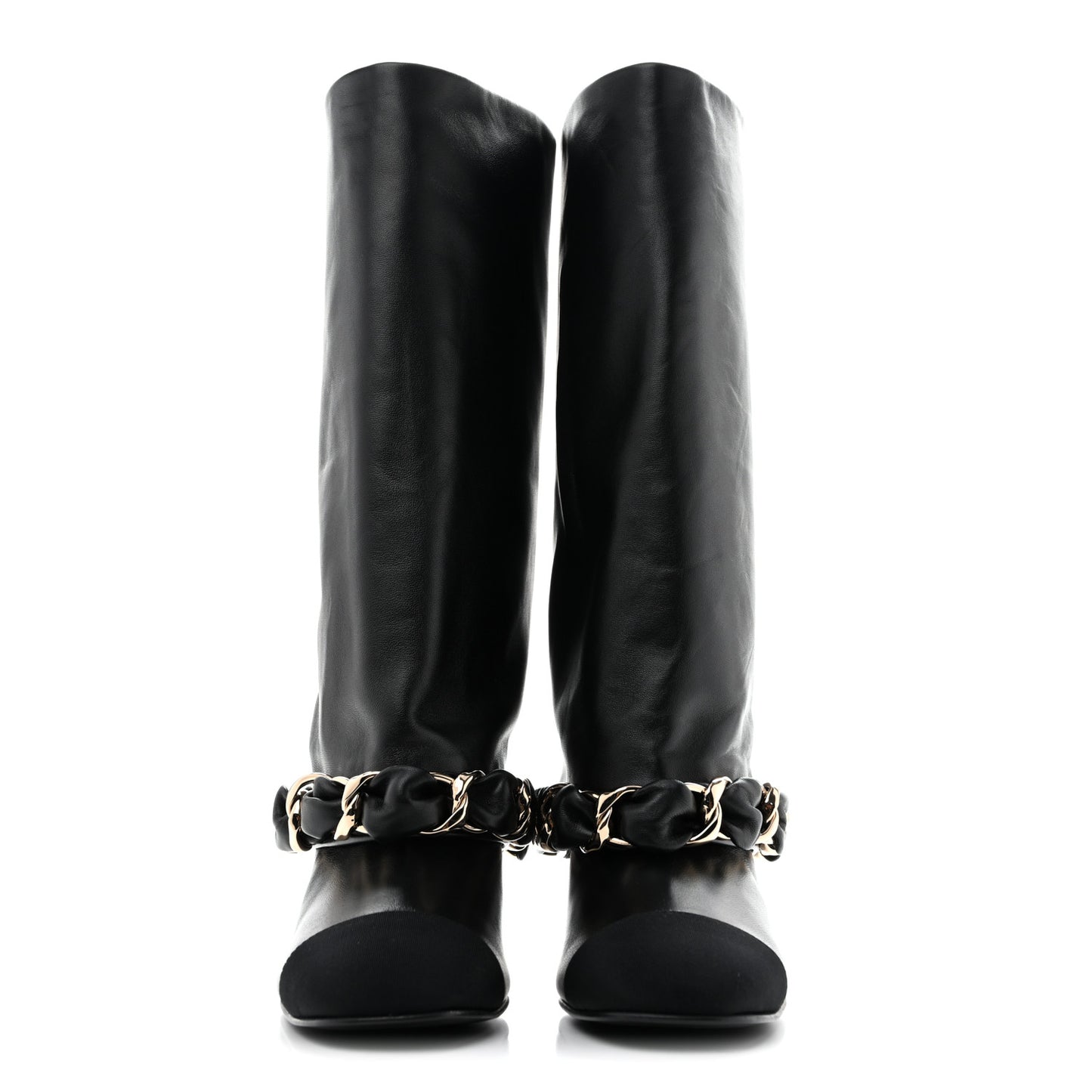 Lambskin Grosgrain Cap Toe Chain High Boots  39.5 Black