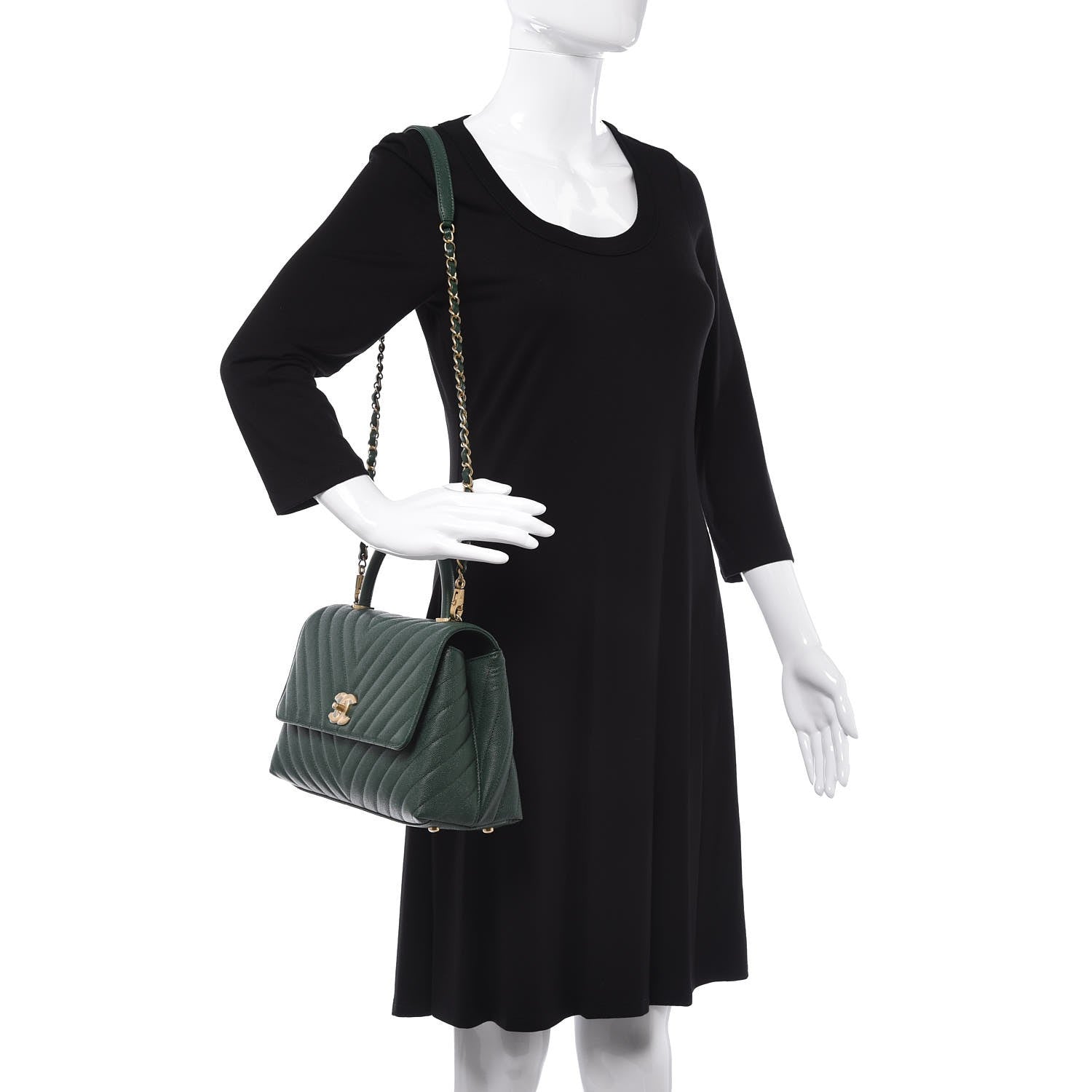 Chanel Caviar Chevron Quilted Small Coco Handle Flap Dark Green 3 of 10