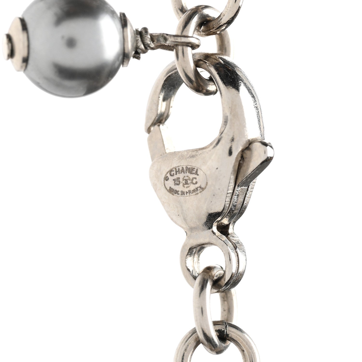 Chanel Crystal Pearl CC Moon Long Necklace Silver Grey 5 of 6