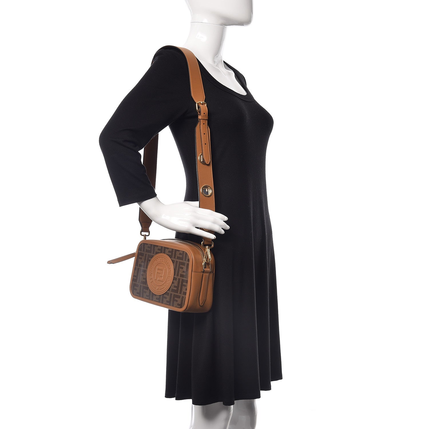 Fendi Glazed Fabric Vitello Century F is Fendi FF 1974 Stamp Patch Camera Case Mogano Panna Caramello 2 of 9