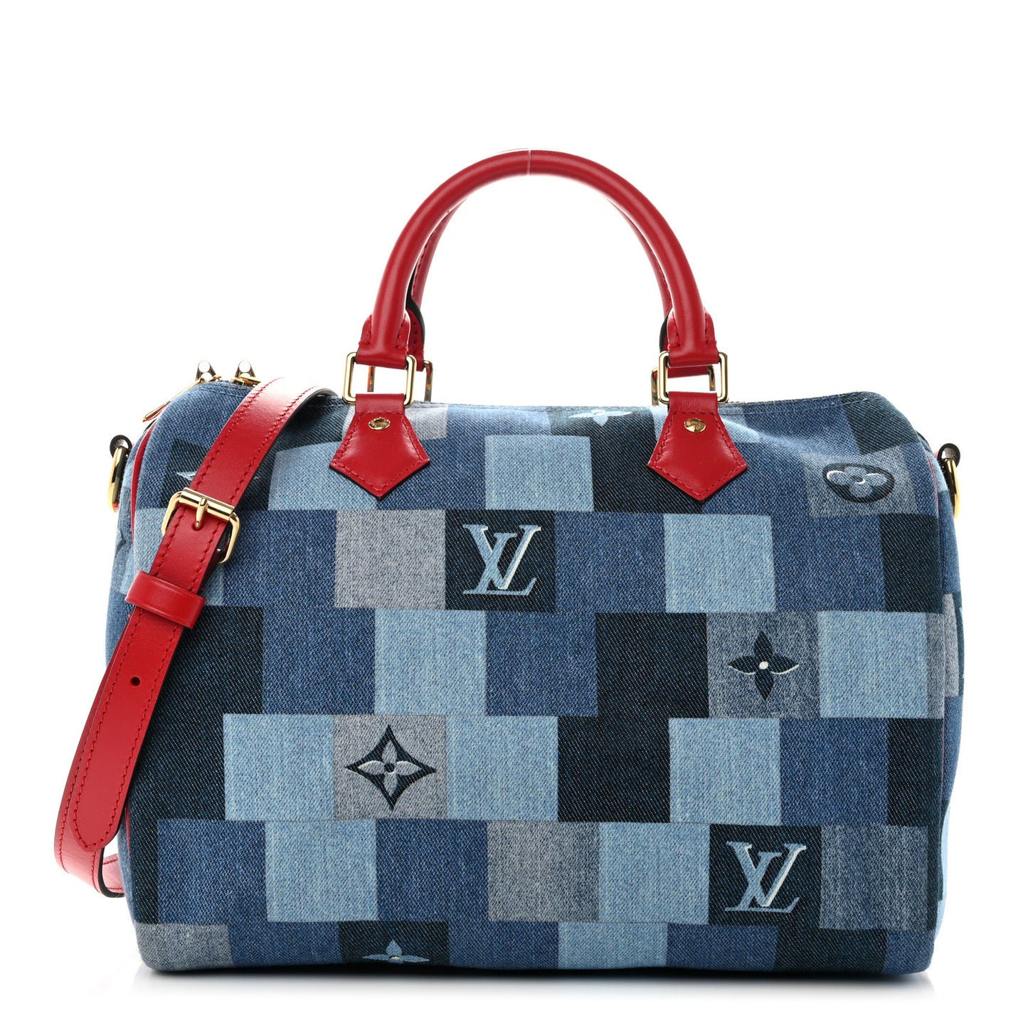 Denim Damier Monogram Patchwork Speedy Bandouliere 30 Blue Rouge