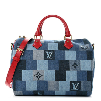 Louis Vuitton Denim Damier Monogram Patchwork Speedy Bandouliere 30 Blue Rouge 1 of 12