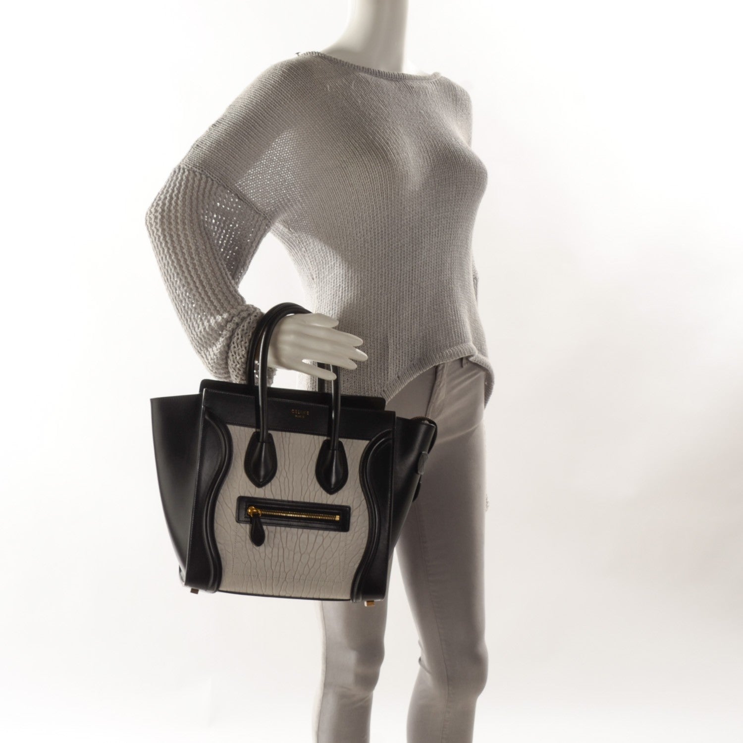 Celine Smooth and Textured Calfskin Micro Bi-Color Luggage Black White 2 of 8