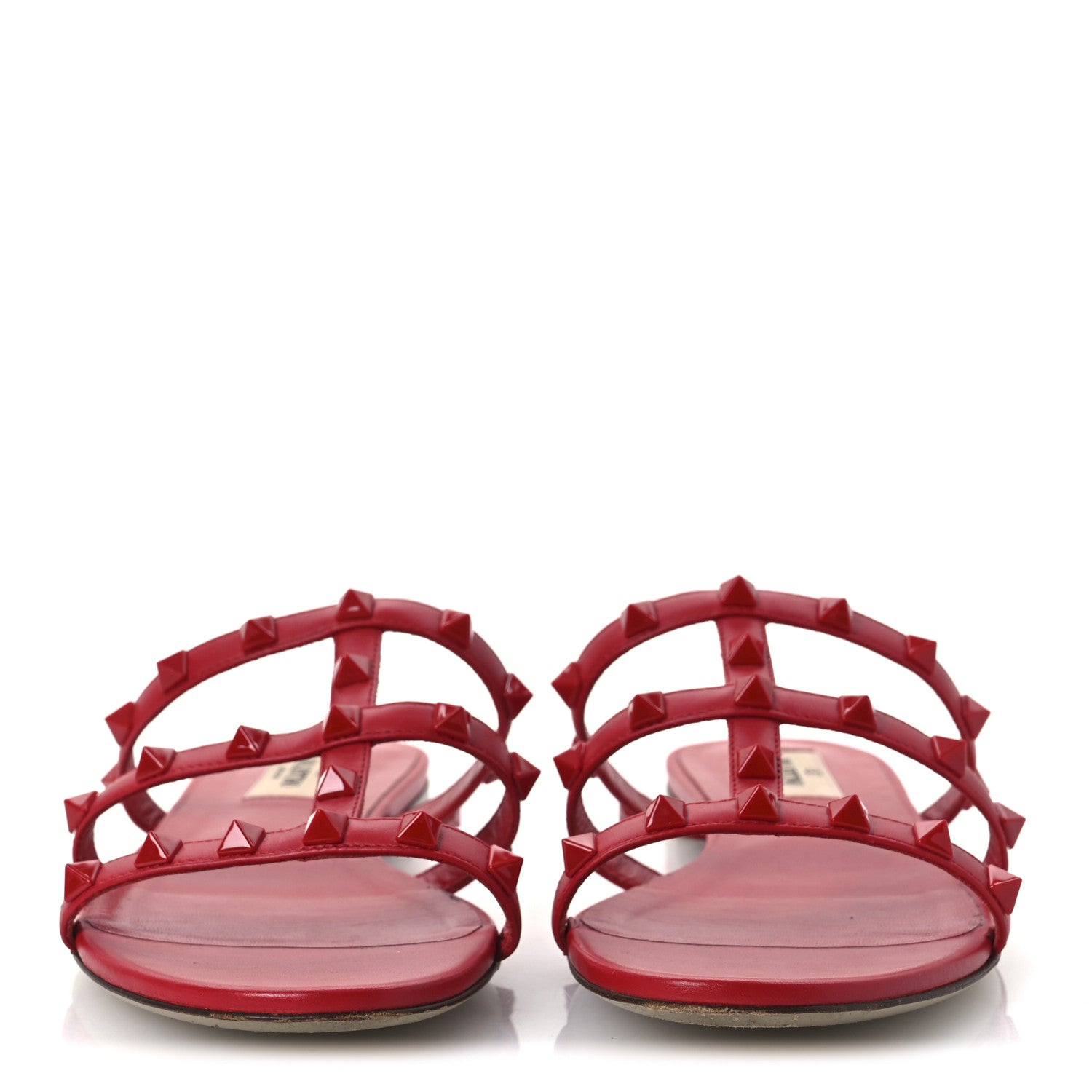 Valentino Garavani Nappa Lacquered Monochrome Rockstud Caged Flat Slide Sandals 37 Rouge Pur 3 of 12