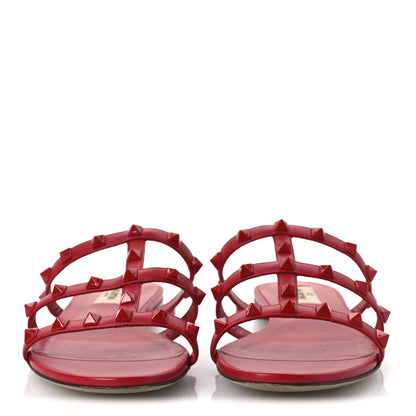 Valentino Garavani Nappa Lacquered Monochrome Rockstud Caged Flat Slide Sandals 37 Rouge Pur 3 of 12