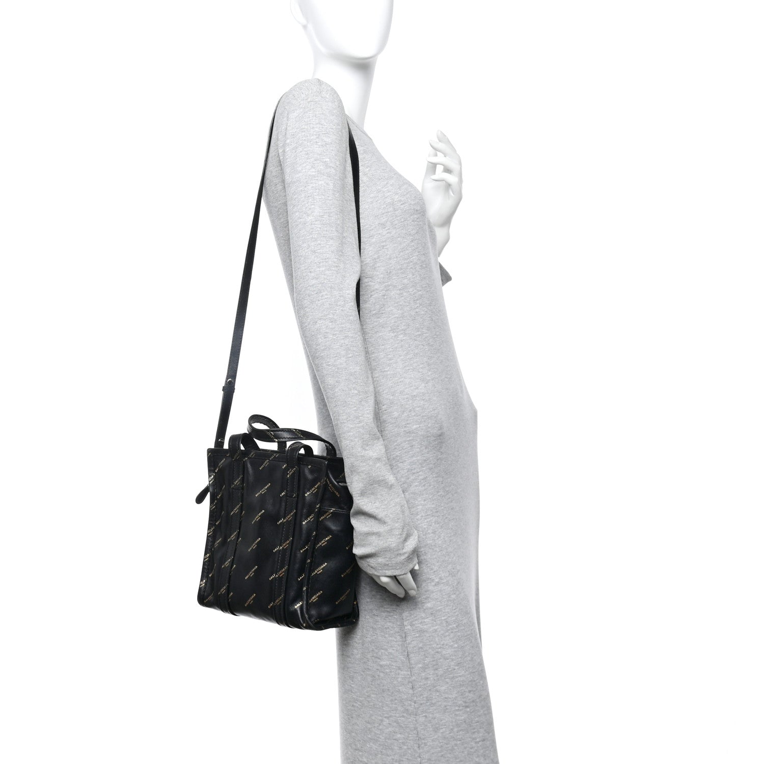 Balenciaga Calfskin Allover Logo XS Bazar Shopper Tote Black Gold 2 of 12