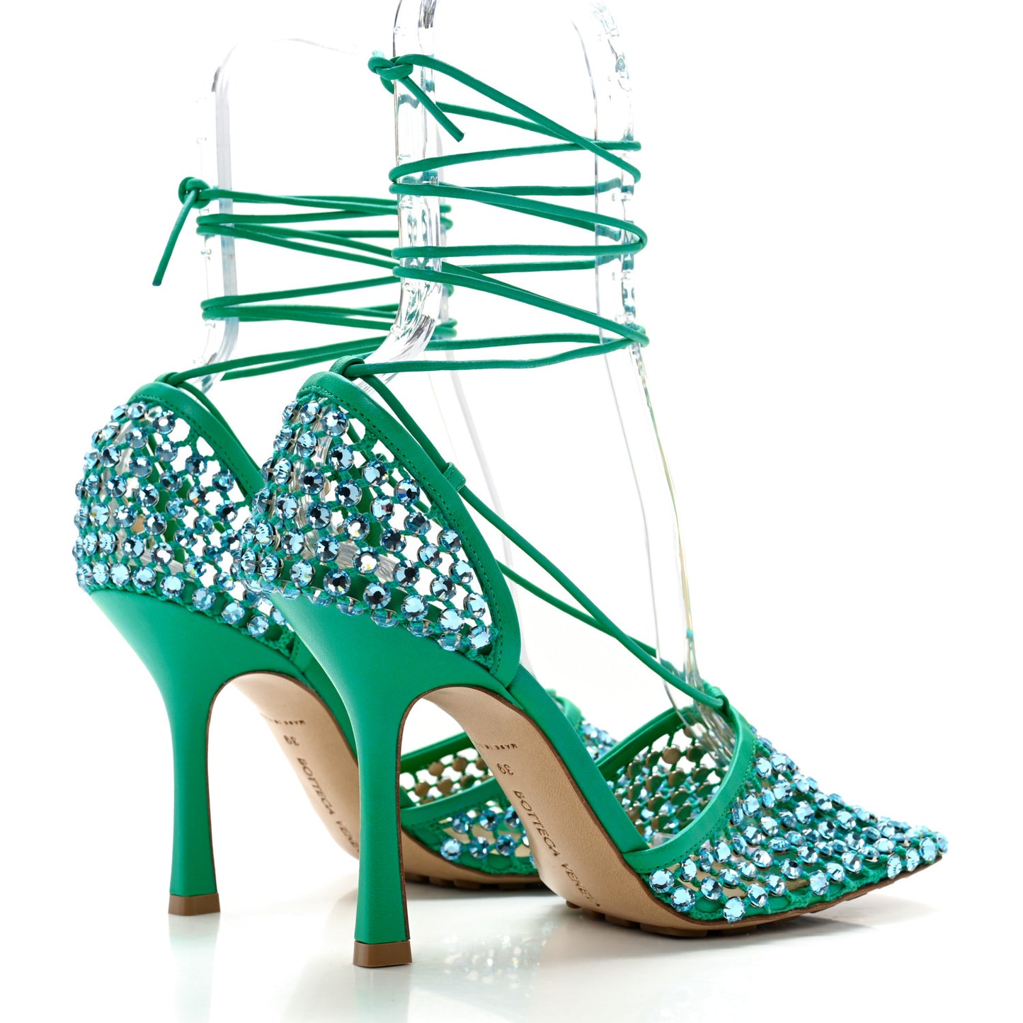 Mesh Nappa Crystal Embellished Sparkle Stretch Ankle Tie Sandals 39 Acid Turquoise