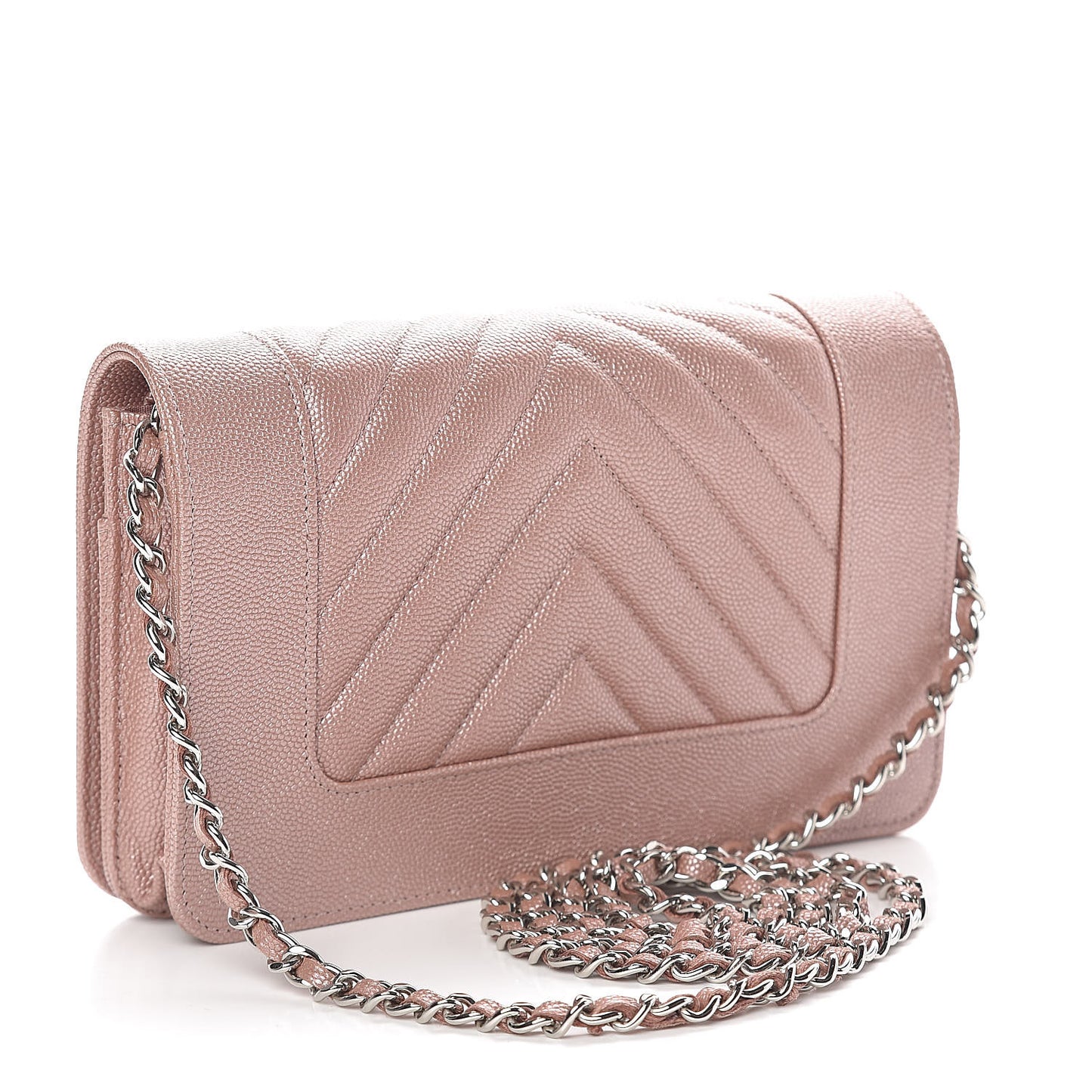 Metallic Caviar Chevron Quilted Vintage Mademoiselle Wallet On Chain WOC Pink