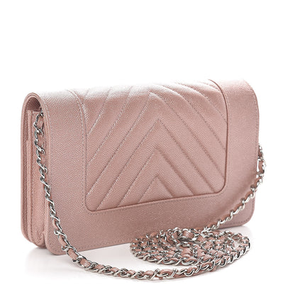 Chanel Metallic Caviar Chevron Quilted Vintage Mademoiselle Wallet On Chain WOC Pink 3 of 13