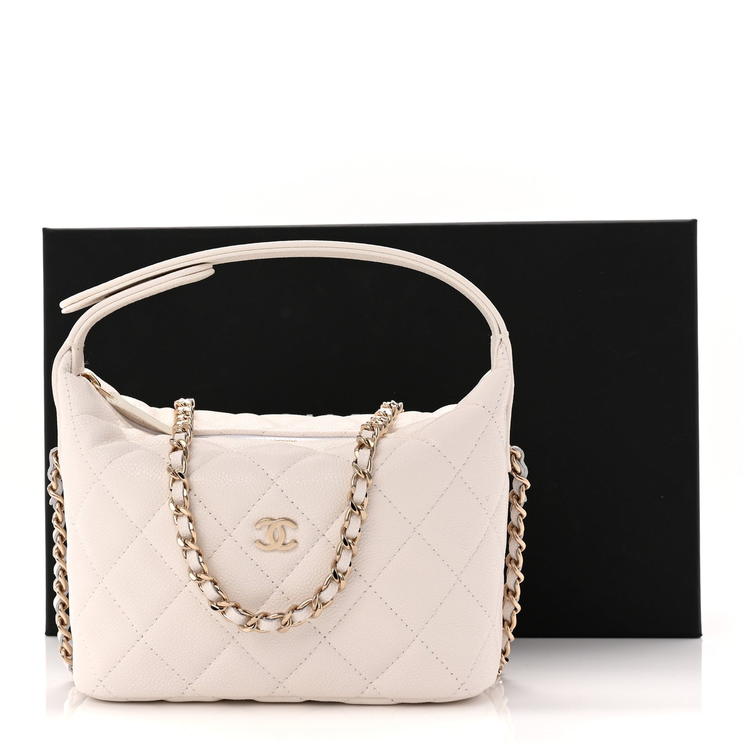 Caviar Quilted Hobo Clutch With Chain White